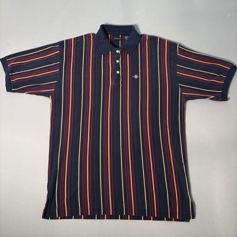 Gant Mens Large Vertical Stripe Polo Shirt Navy Blue Burgundy Cotton Pique L